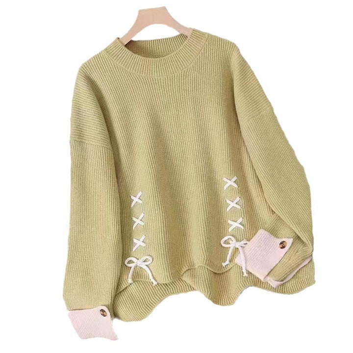 Casual knitted sweater for women with decorative knot and button details Lune London