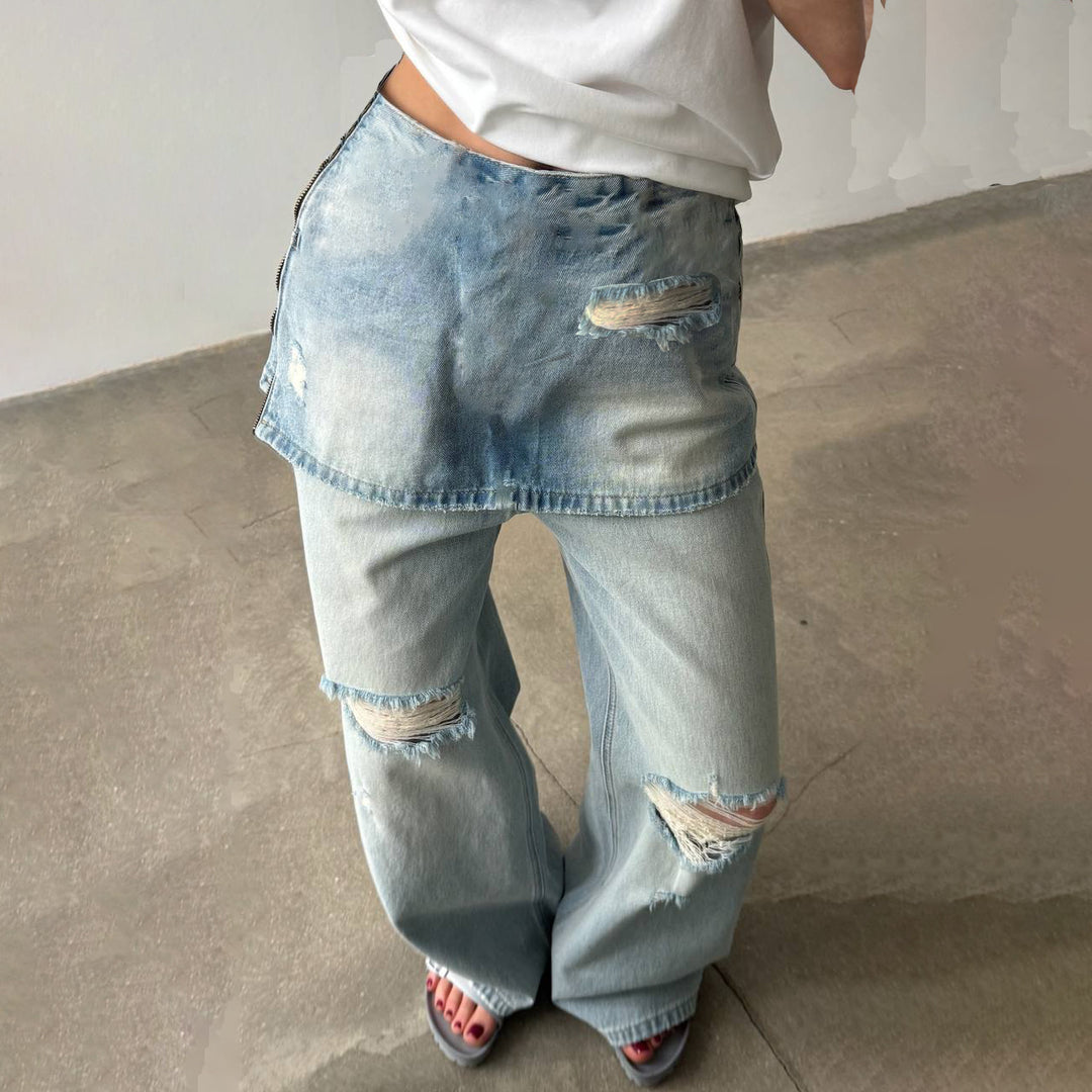 Destroyed casual jeans for women with asymmetric cut and wide leg Lune London