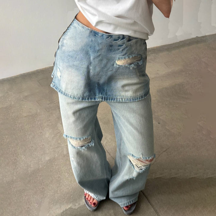 Destroyed casual jeans for women with asymmetric cut and wide leg Lune London