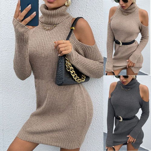 Ladies' knitted dress with an open shoulder design and a high collar Lune London