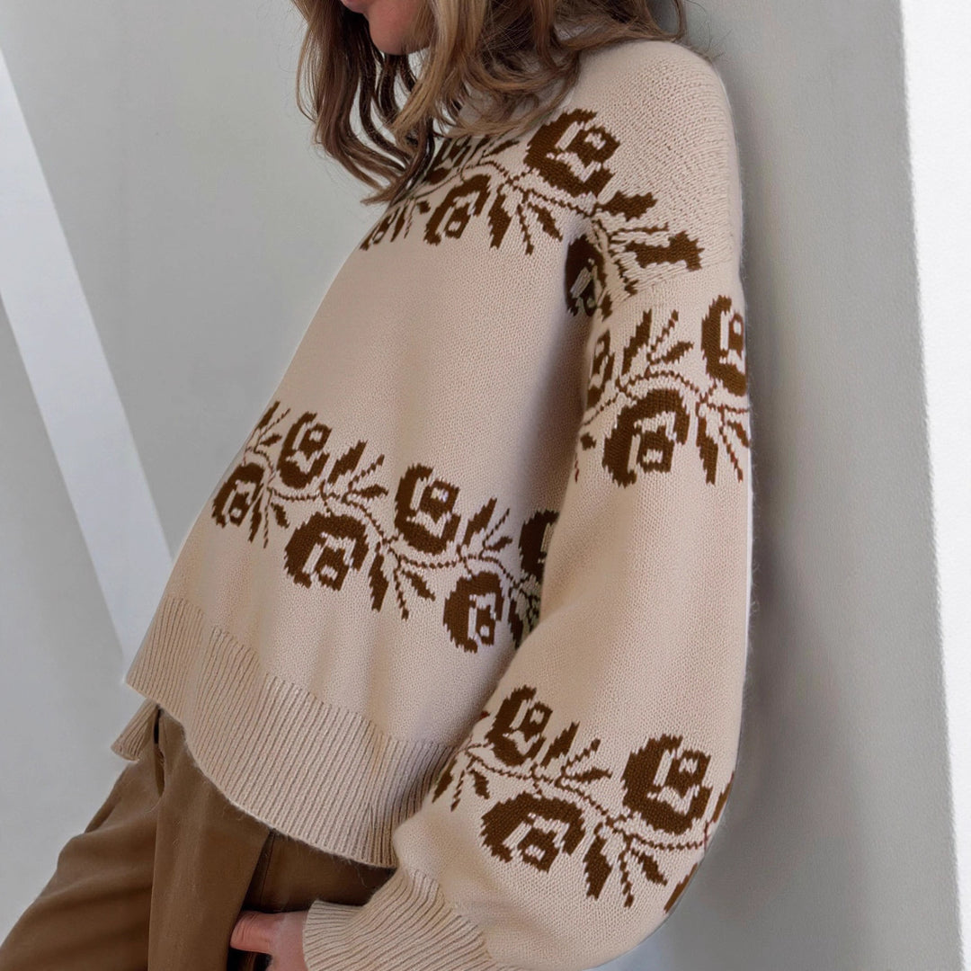 Pull en tricot pour femmes avec motif jacquard floral et col haut Chic & Stil