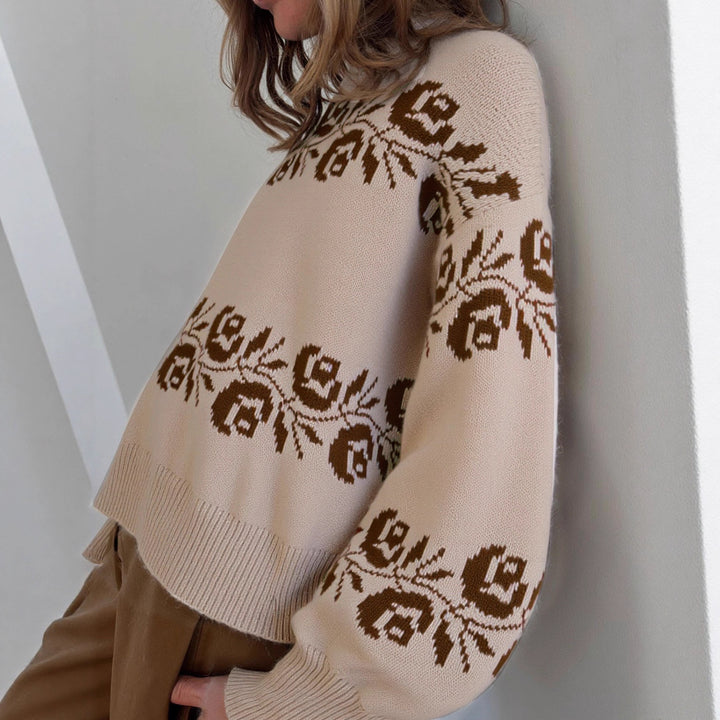 Pull en tricot pour femmes avec motif jacquard floral et col haut Chic & Stil
