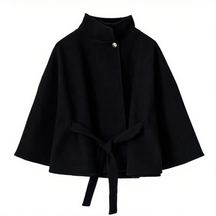 Elegant women's coat with hood, tie belt and high collar Lune London
