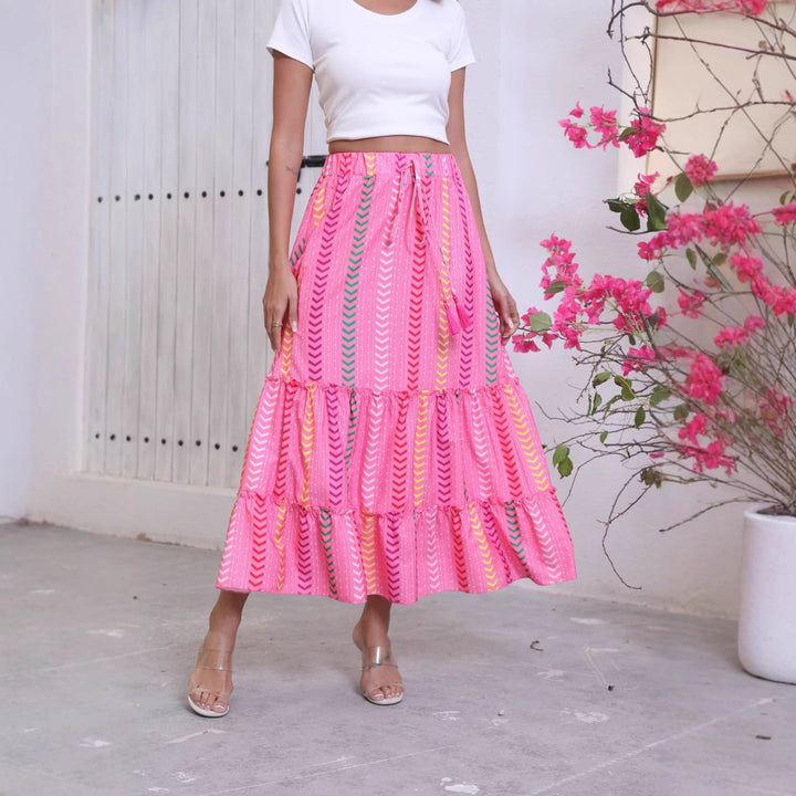 Maxi flared skirt for women with ruffle design and adjustable waist Lune London