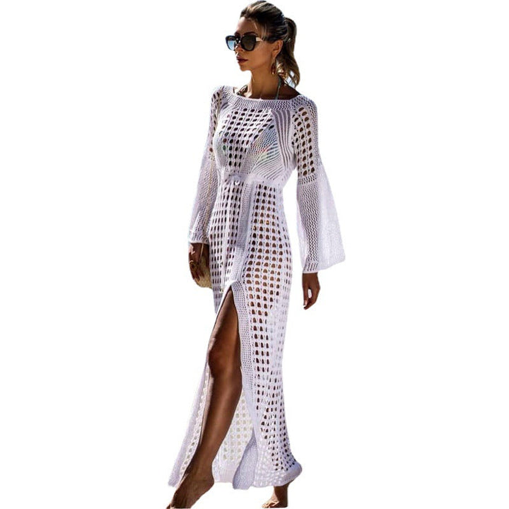 Women's Airy Crochet Beach Dress with Long Sleeves and Side Slit Lune London