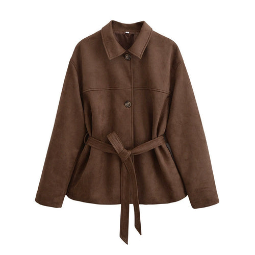 Ladies Fashionable Suede Jacket with Waist Belt and Voluminous Sleeves Lune London