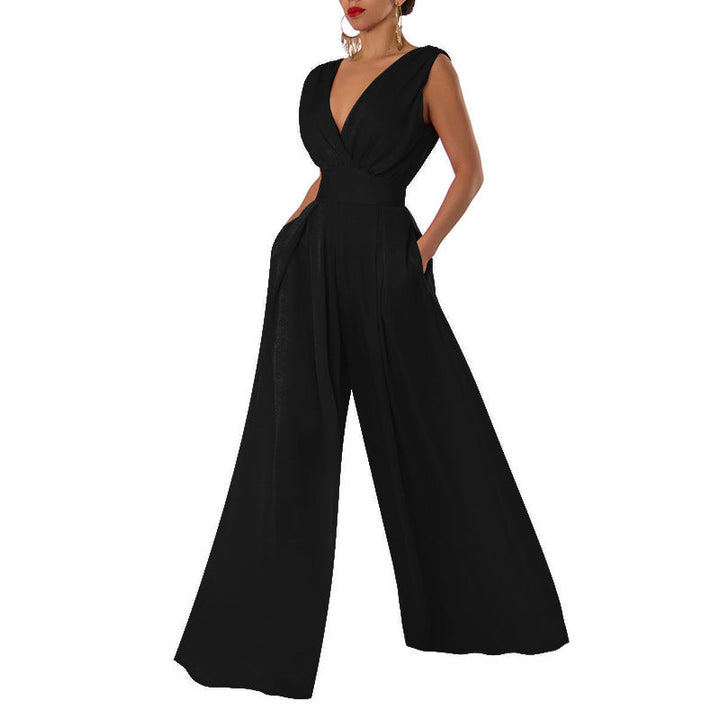 Ladies Jumpsuit with Deep V-Neck and Wide Cut Leg Lune London