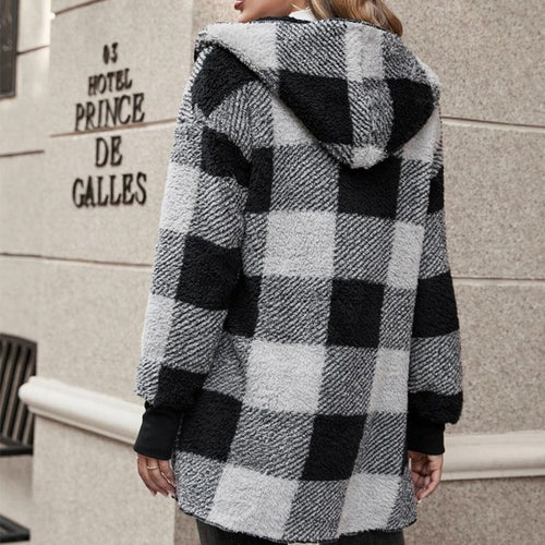 Ladies Cozy Fleece Jacket with Checkered Pattern and Hooded Design Lune London