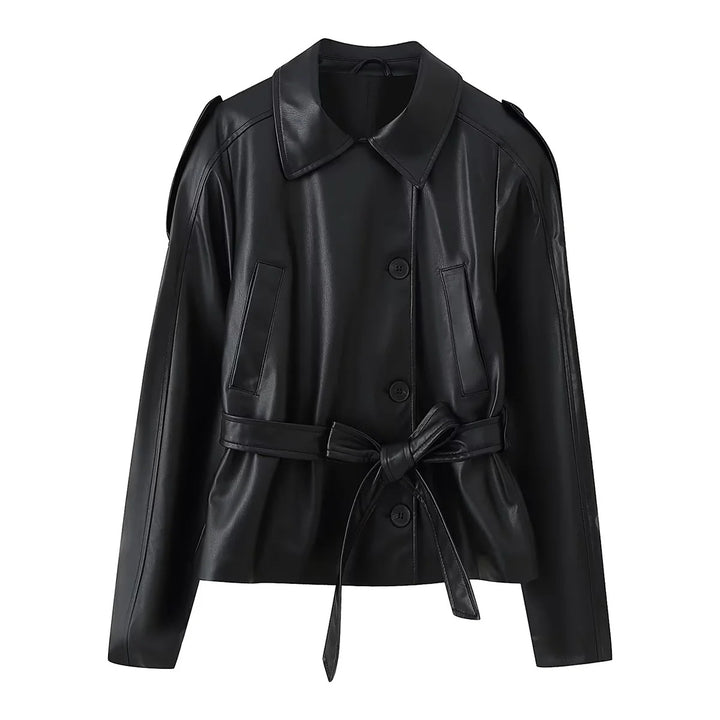 Faux leather jacket for women with elegant button details and a chic belt design