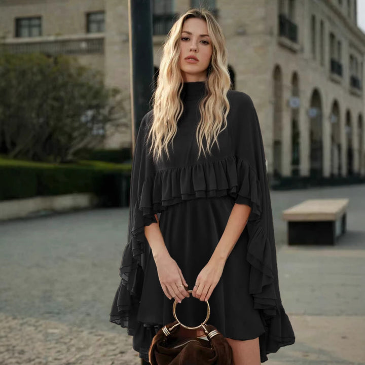 Women Elegant Ruffle Dress with High Neckline and Flowing Cut Lune London