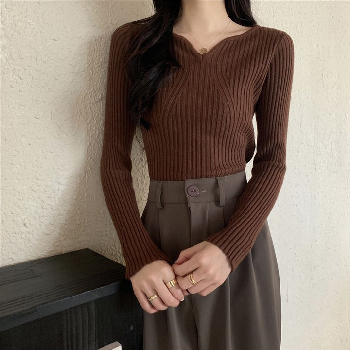 Pull en maille fine pour femmes en V avec structure côtelée Chic & Stil