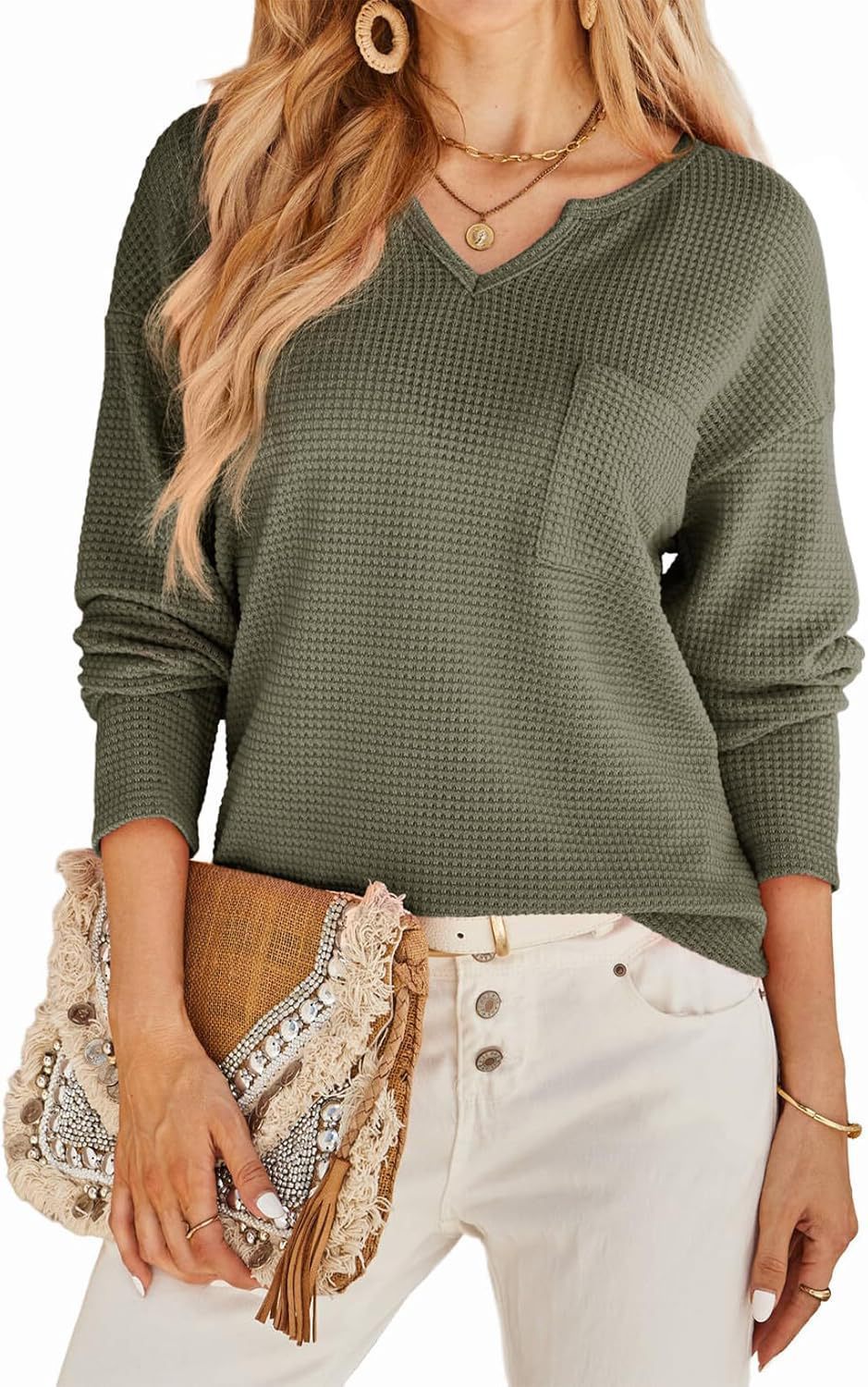 Women’s waffle knit sweater with V-neck and chest pocket Lune London