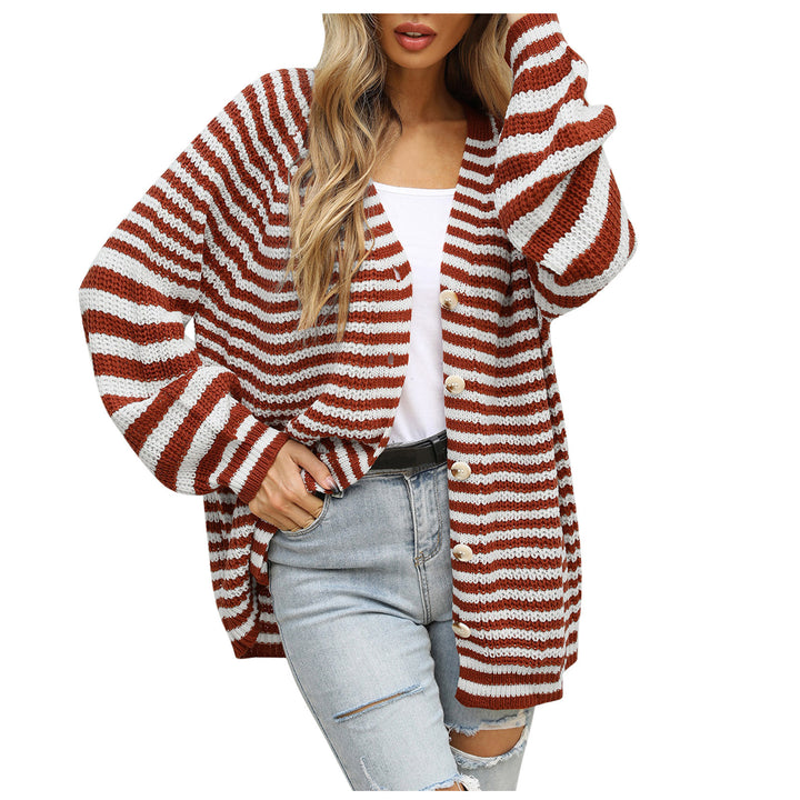 Ladies chunky knit cardigan with trendy striped pattern and wide sleeves Lune London