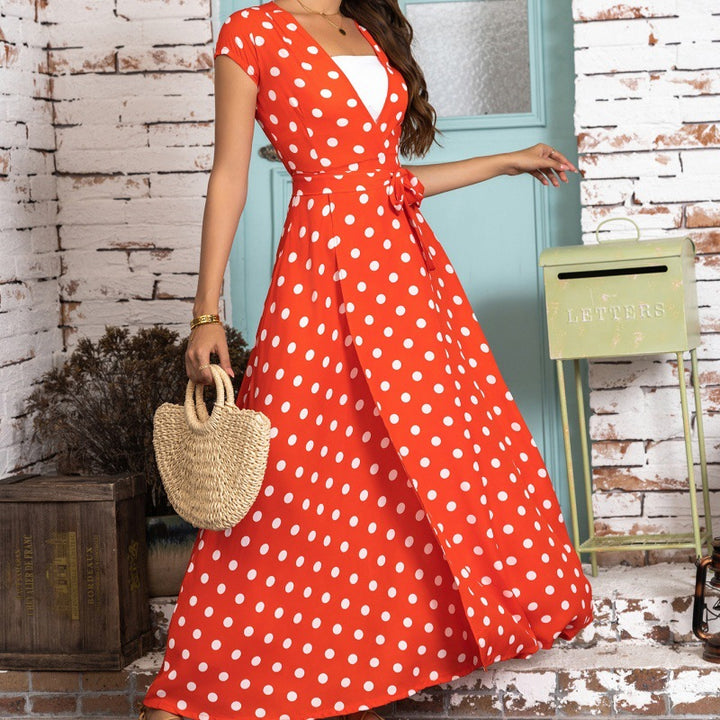 Polka dot wrap maxi dress for women with tied waist Lune London