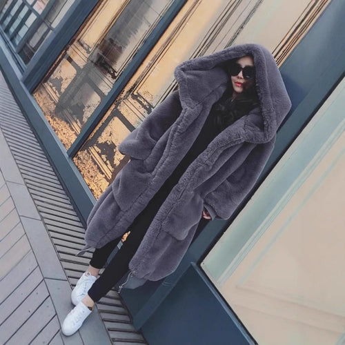 Ladies Oversized Faux Fur Coat with Hood and Pockets Lune London