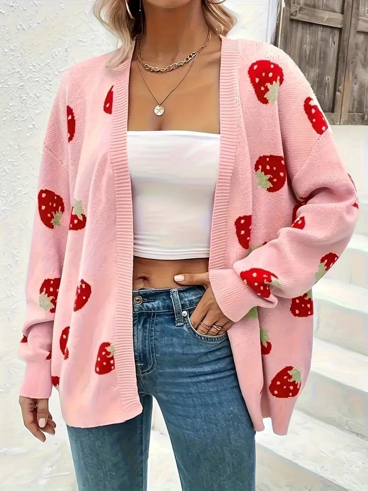 Knit jacket for women with a cheerful strawberry pattern and a soft material Lune London