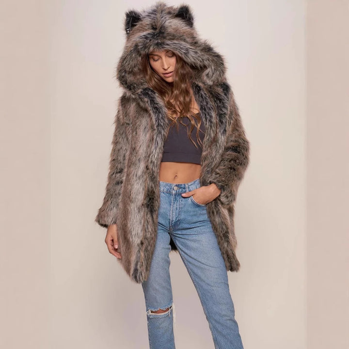 Ladies hooded faux fur coat with ear protectors Lune London