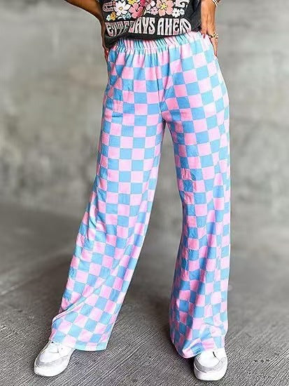 Women's Checkered Palazzo Pants with Elastic Waistband and Practical Side Pockets Chic und Stil
