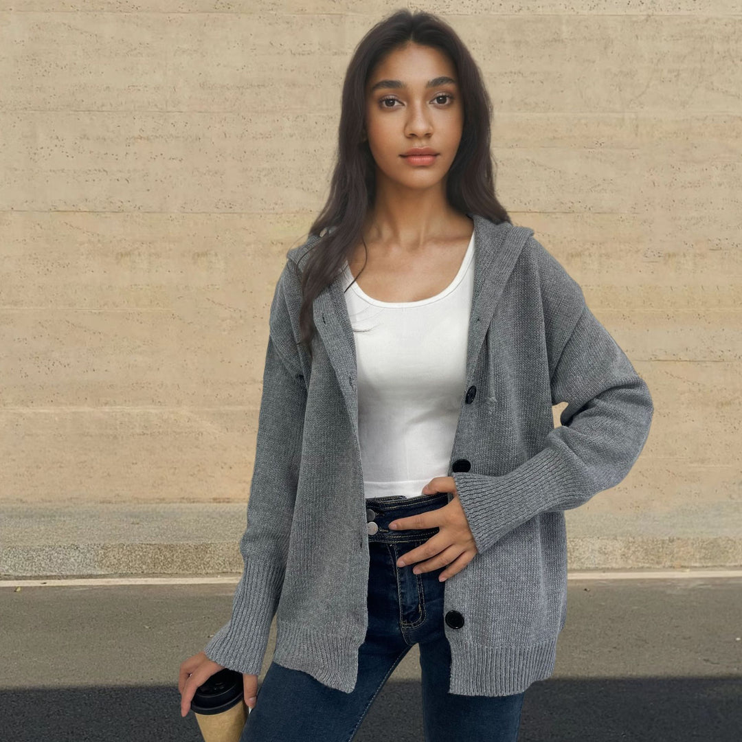 Casual knit cardigan for women with hood and large buttons Lune London
