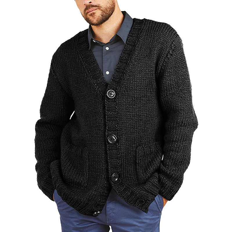 Men's chunky knit jacket with classic V-neck and practical pockets Lune London