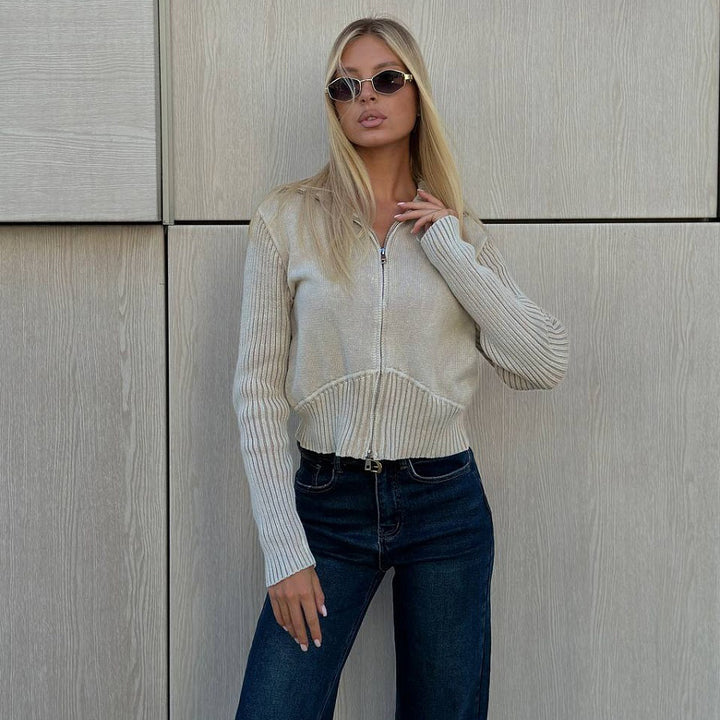 Women short sleeve cardigan with zipper and ribbed structure Lune London