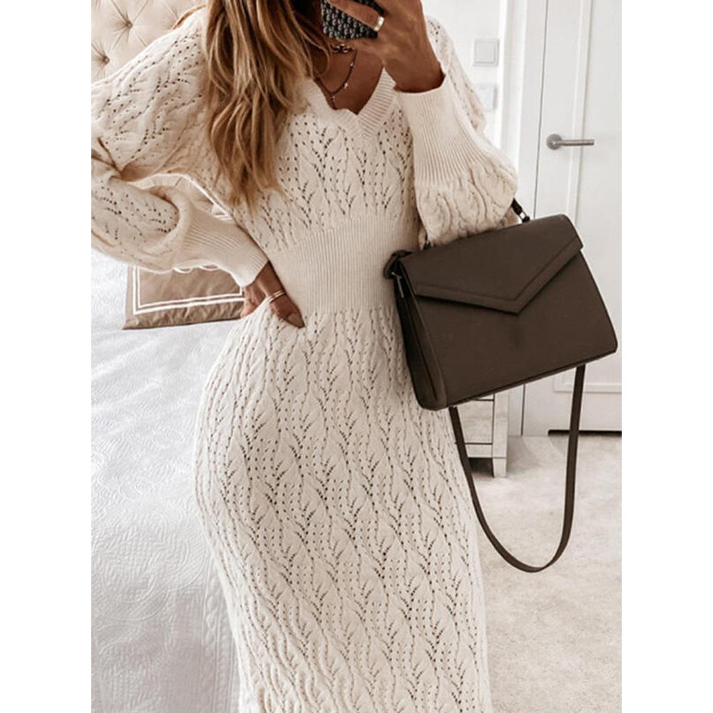 Knitted dress for women with semi-transparent pattern and elegant V-neck Lune London