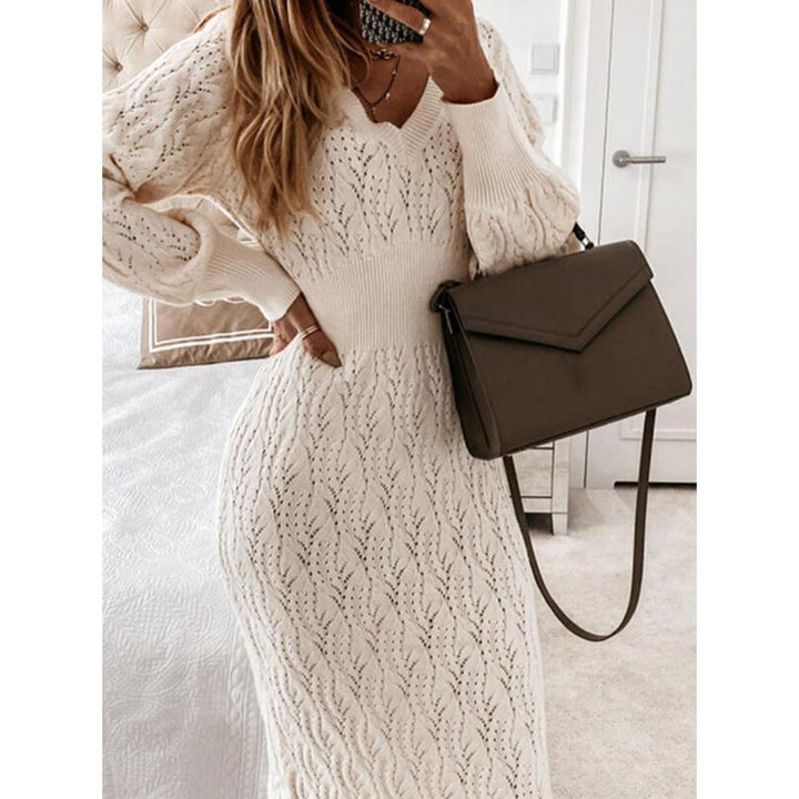 Knitted dress for women with semi-transparent pattern and elegant V-neck Lune London