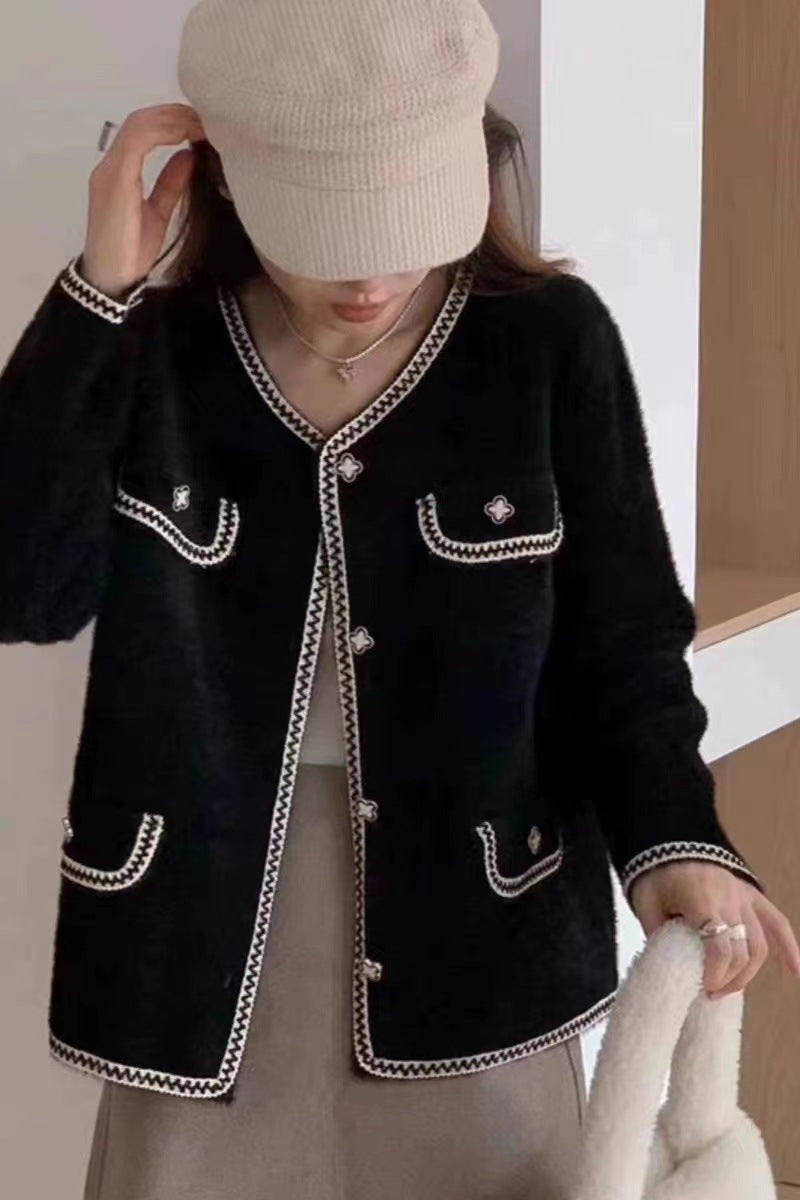 Ladies elegant knitted jacket with contrasting seams and pockets Lune London