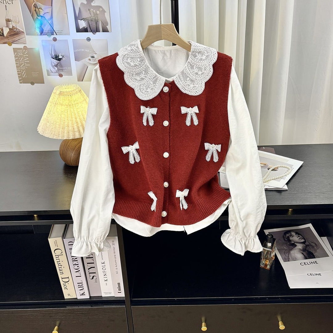 Ladies playful knit cardigan with rolled collar and decorative bows Lune London