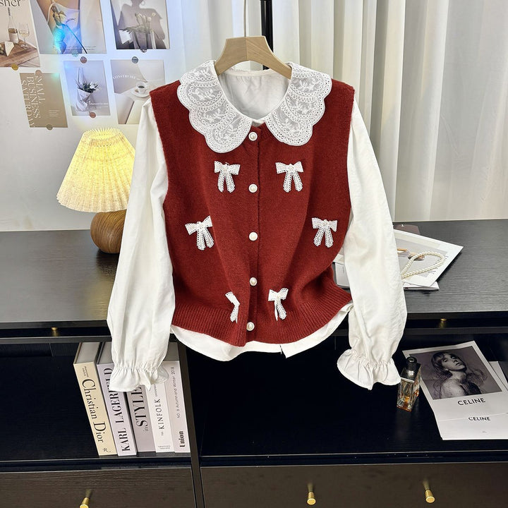Ladies playful knit cardigan with rolled collar and decorative bows Lune London