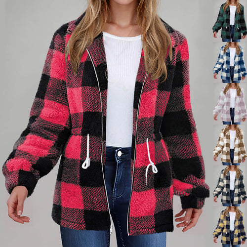 Fleece jacket for women with a trendy check pattern and practical pockets Lune London