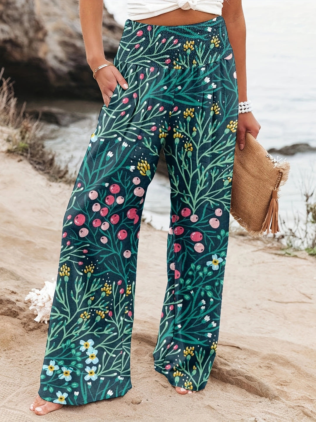 Loose summer pants for women with floral print and elastic waistband Lune London