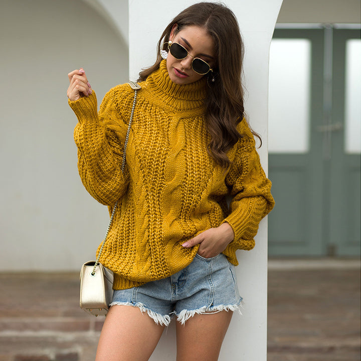 Chunky knit sweater for women with turtleneck and textured cable design Lune London