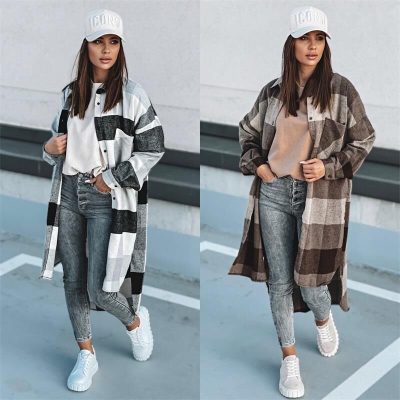 Long checkered winter coat for women with buttonhole design and loose fit Lune London