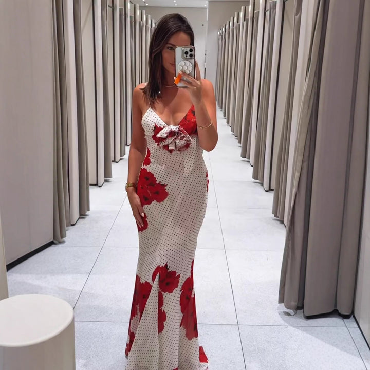 Spaghetti strap dress for women with floral print and ruffle details Lune London