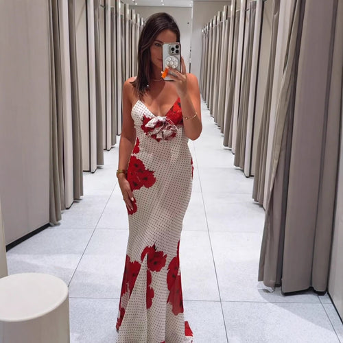 Spaghetti strap dress for women with floral print and ruffle details Lune London