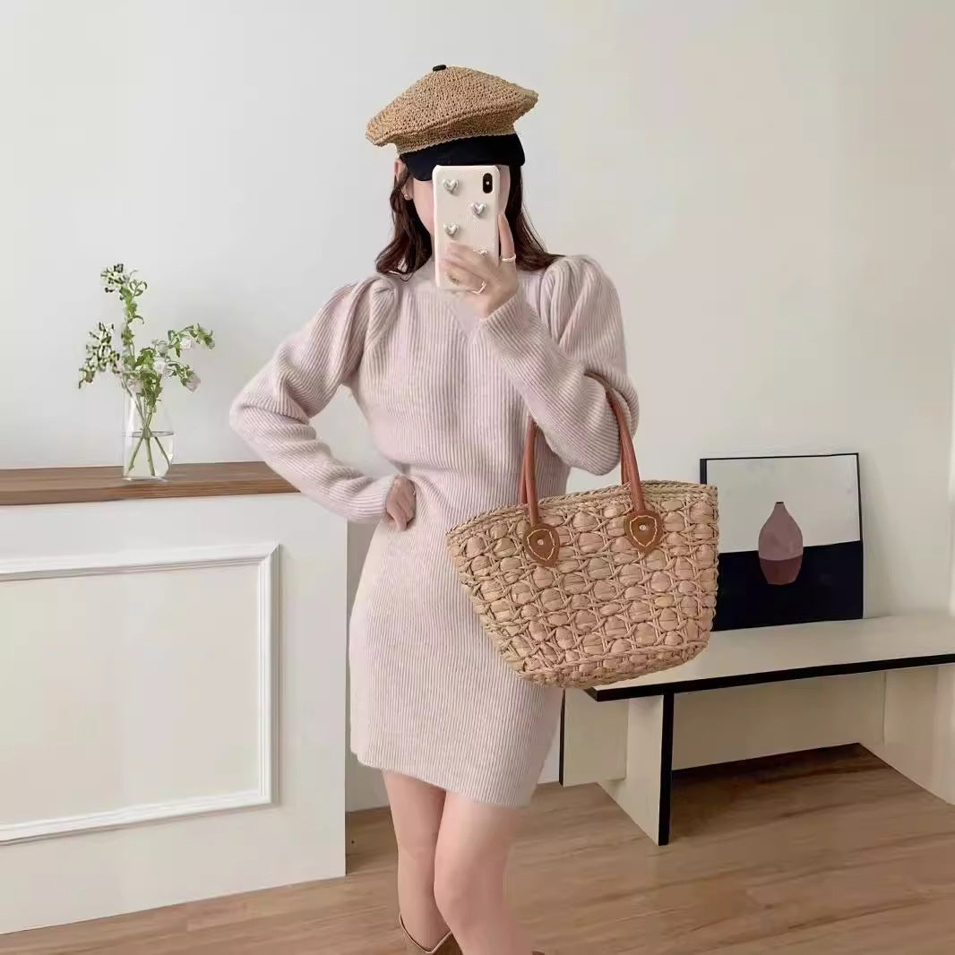 Elegant knitted dress for women with a fitted silhouette and puff sleeves Lune London