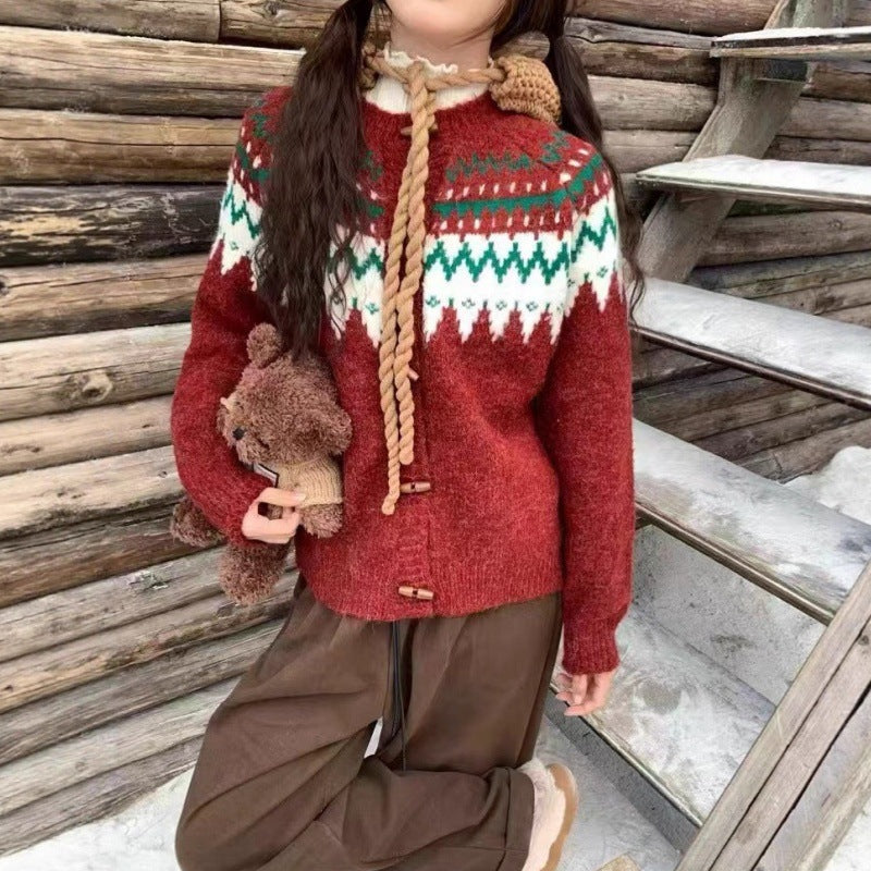 Pull en tricot confortable pour femmes avec motif norvégien traditionnel et capuche Chic & Stil