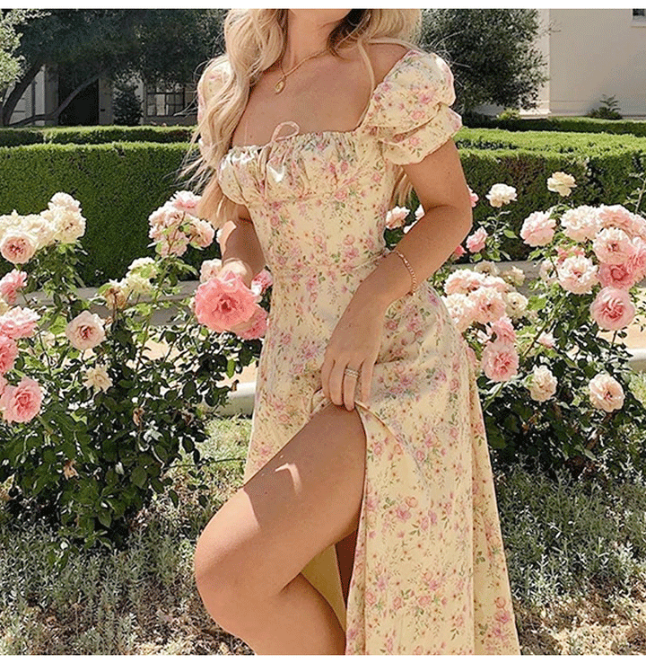 Women’s romantic maxi dress with elastic puff sleeves and delicate floral print Lune London