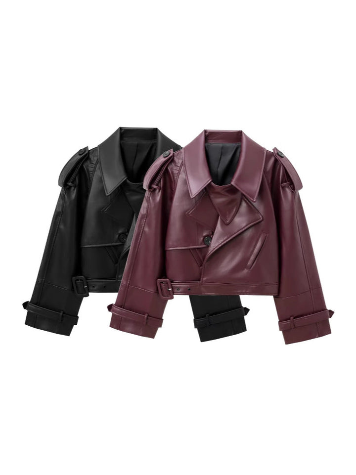 Women's Cropped Leather Motorcycle Jacket with Asymmetric Lapel Lune London