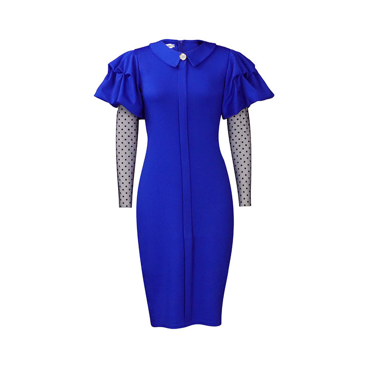Sheath dress for ladies with puff sleeves and polka dot inserts Lune London