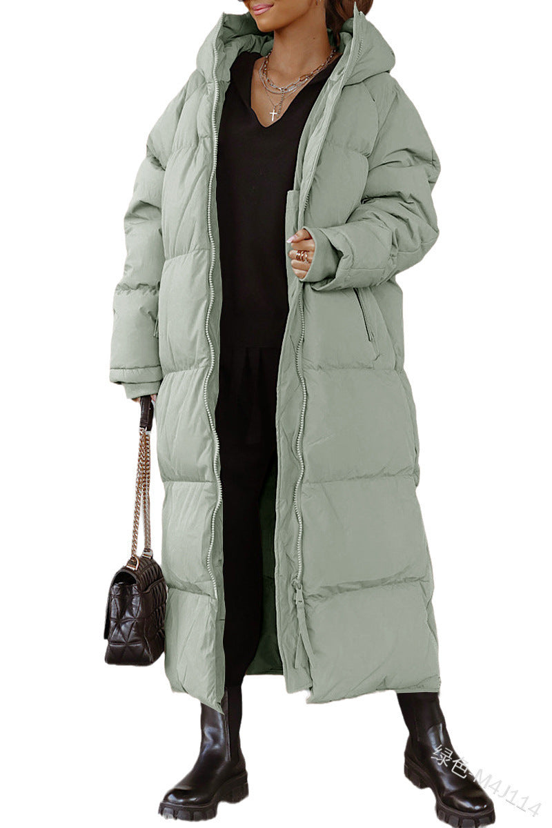 Ladies long padded jacket with hood and practical side pockets Lune London