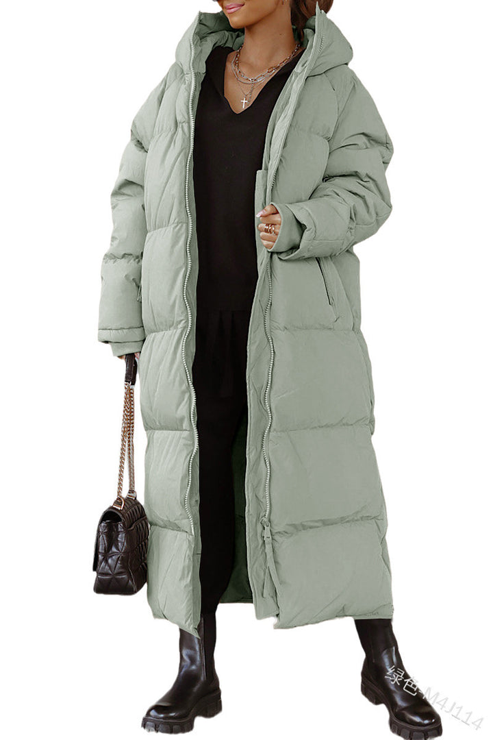 Ladies long padded jacket with hood and practical side pockets Lune London