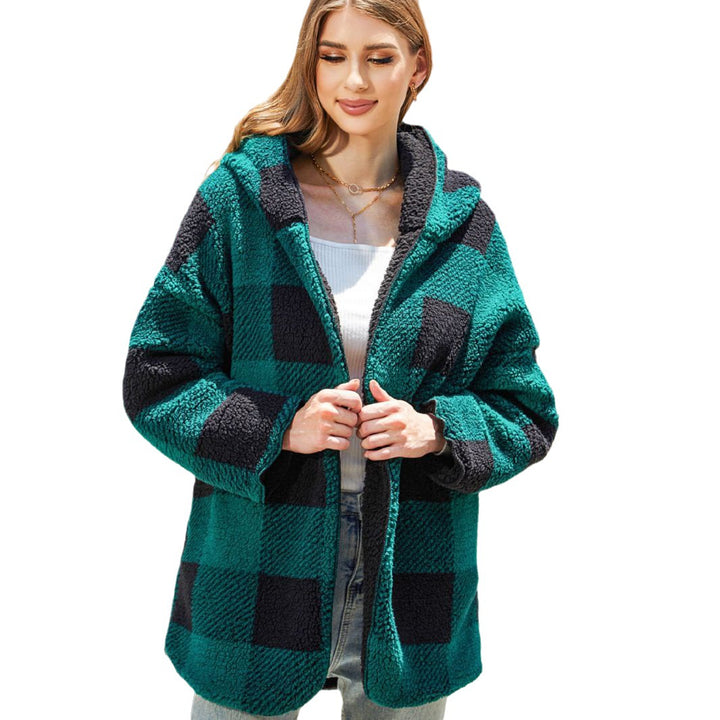 Ladies Oversized Fleece Jacket with Hood and Chic Checkered Pattern