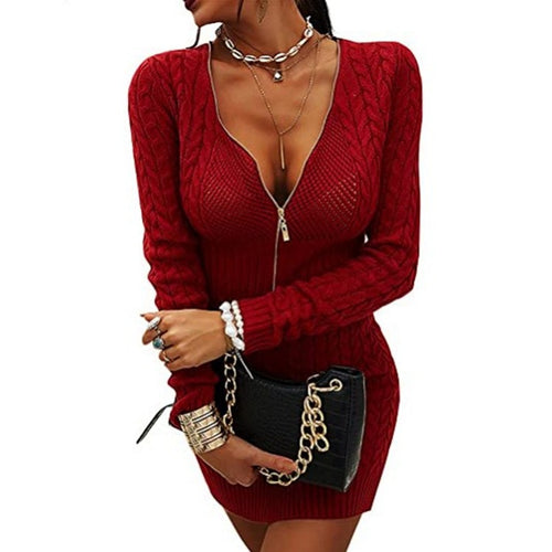 Knit dress for women with deep V-neck and zipper Lune Londonl
