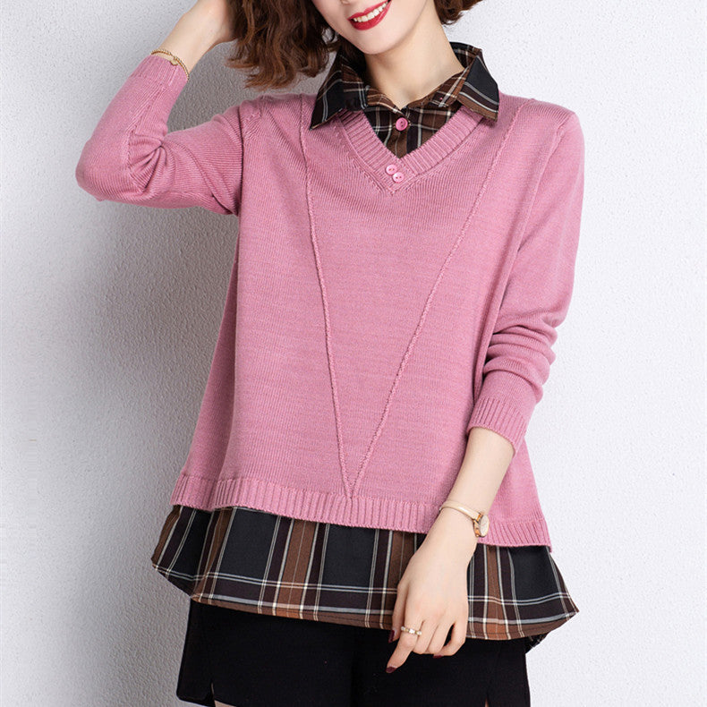 Women's layered knit pullover with V-neck and trendy blouse.