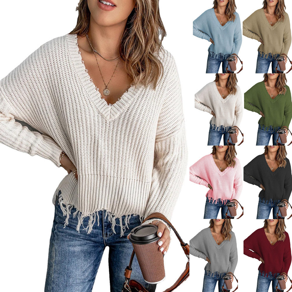 Women Casual Knit Sweater with V-neck and Fringed Hem Lune London