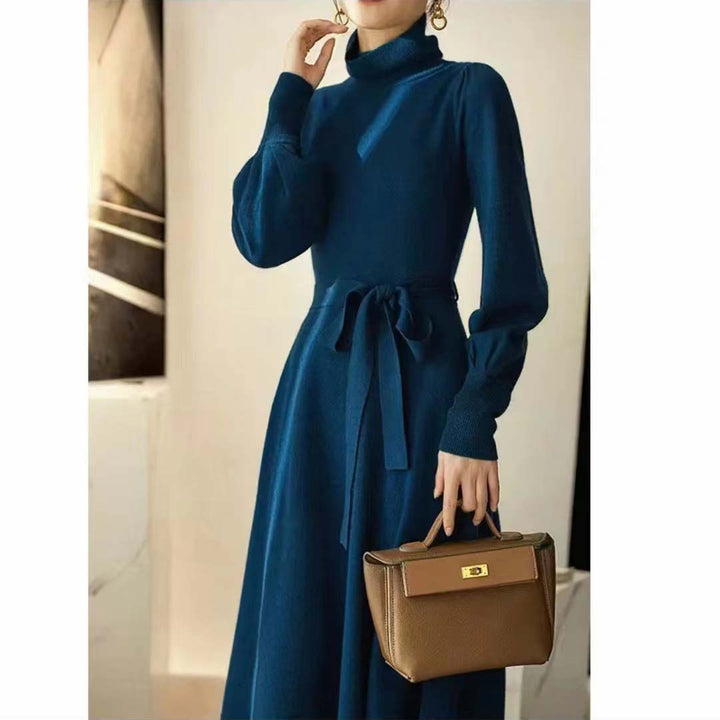 Knitted dress for women with high collar and belt at the waist Lune London
