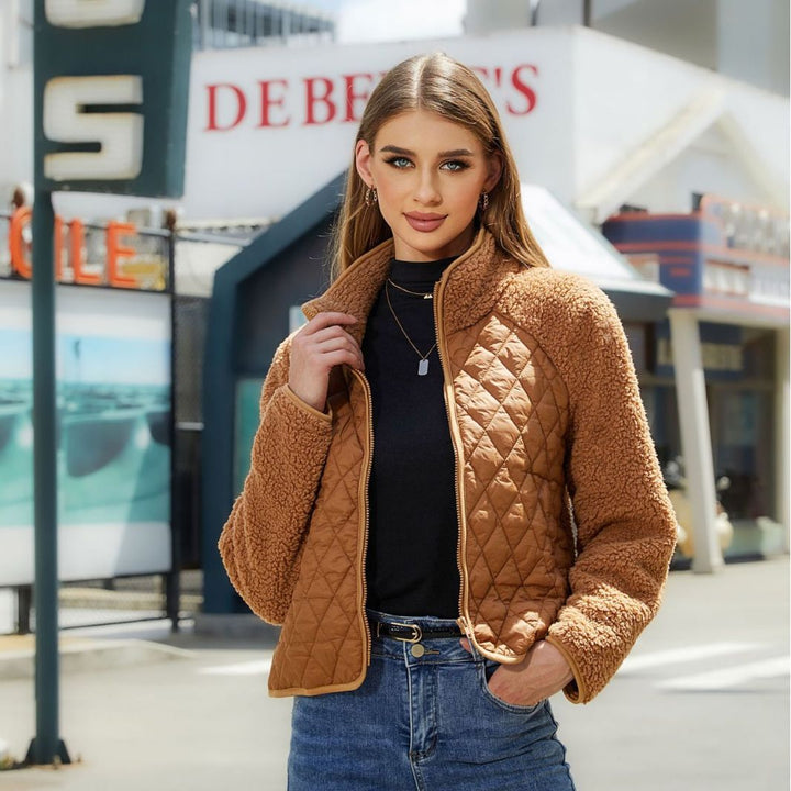 Women Quilted Cozy Jacket with Soft Collar and Contrasting Sleeves Lune London