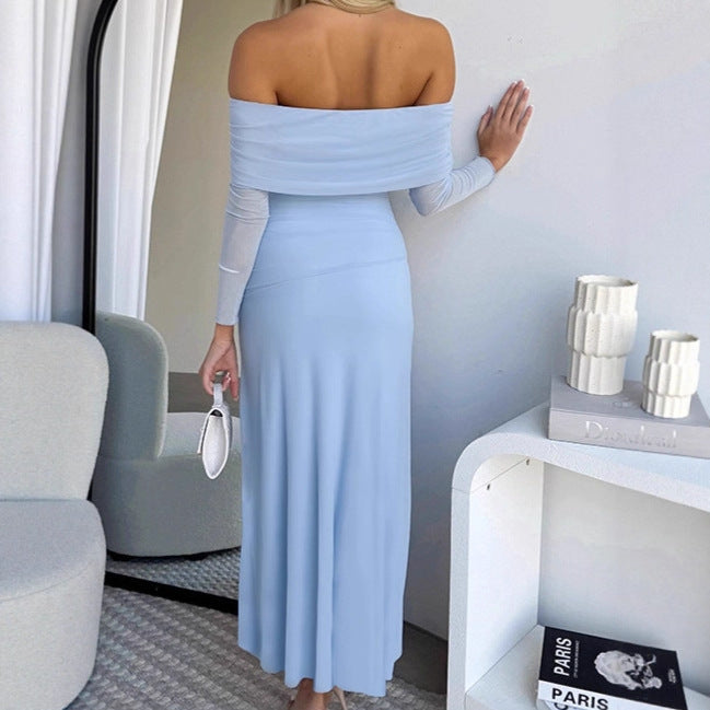 Chic maxi dress for women with off-shoulder design and side slit Lune London